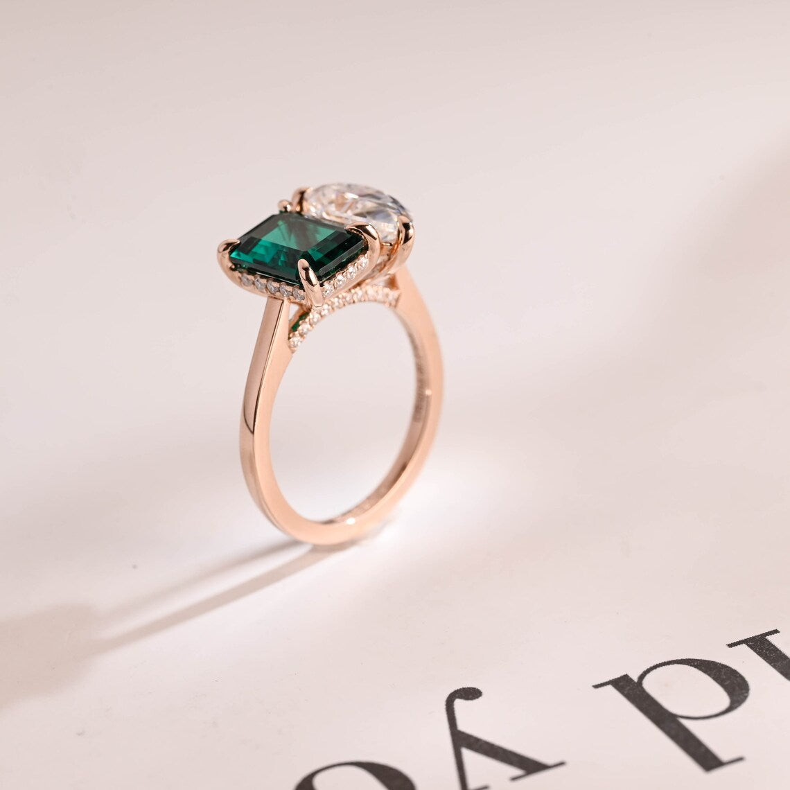 Green emerald moissanite ring