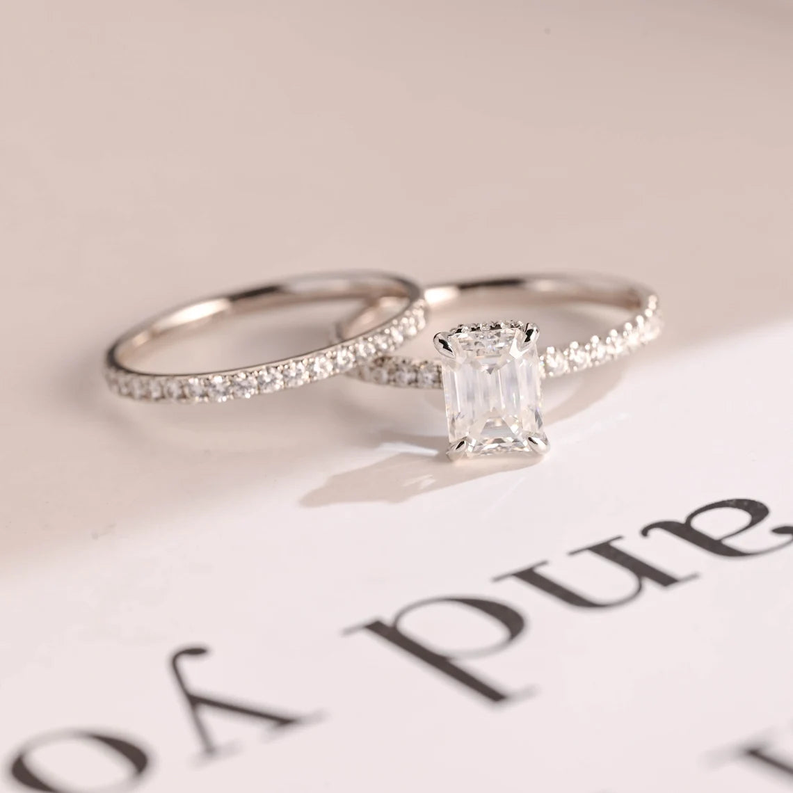 Emerald cut moissanite ring