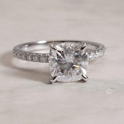 Cushion Cut Sparkle | Half Pavé Gold Band | Moissanite Glow

