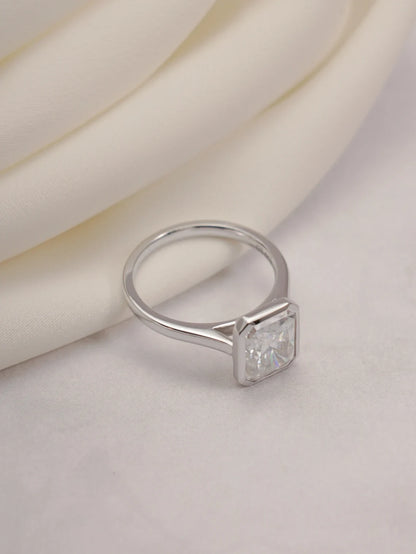 moissanite solitaire band | radiant bezel engagement | radiant lab ring
