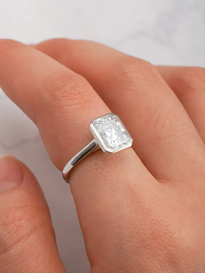 solitaire bezel set ring | dainty moissanite ring | ethical diamond ring
