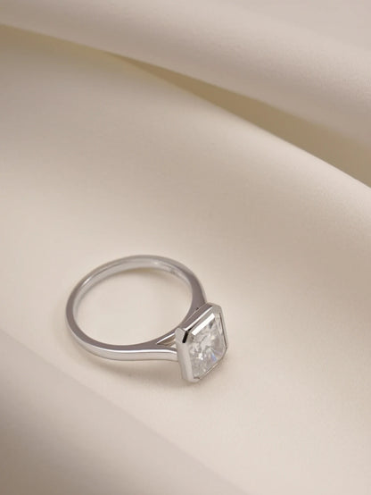 lab created diamond ring | clean bezel setting | radiant cut bridal ring
