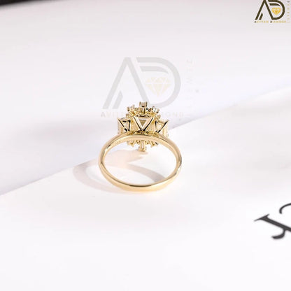 Elegant Solid Gold Bridal Ring | Unique Flower Cluster Engagement Band | Beautiful Emerald Cut Anniversary Ring 
