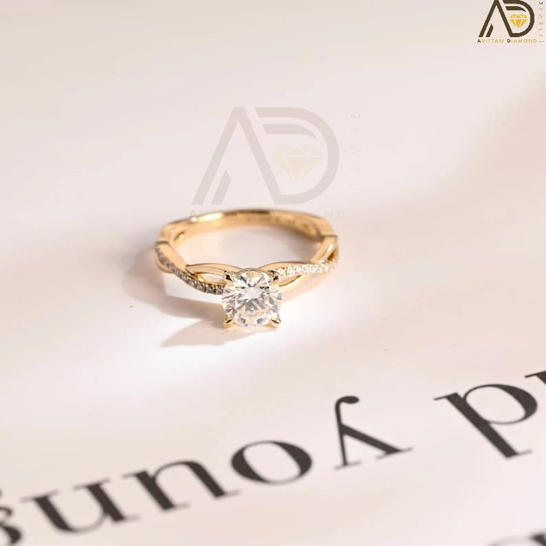 Vintage Moissanite Ring | Twisted Gold Engagement | Round Cut Design

