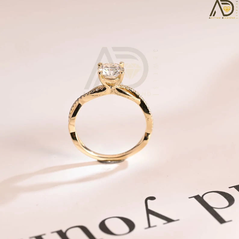 Round Moissanite Gold Ring | Vintage Pave Band | Romantic Proposal Gift

