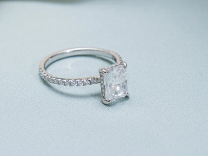 lab grown diamond ring | radiant moissanite solitaire | radiant cut ring
