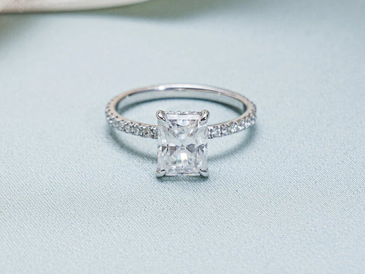 radiant moissanite ring | halo engagement ring | white gold moissanite
