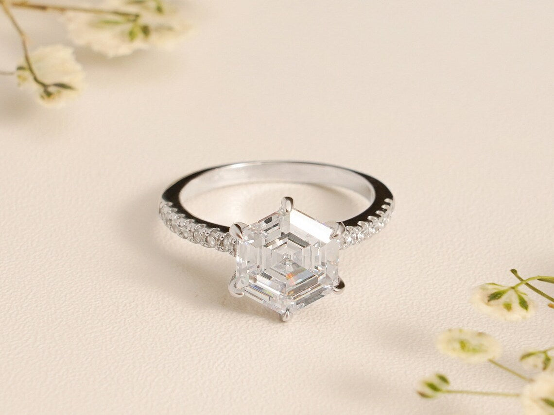 Hexagon cut moissanite ring