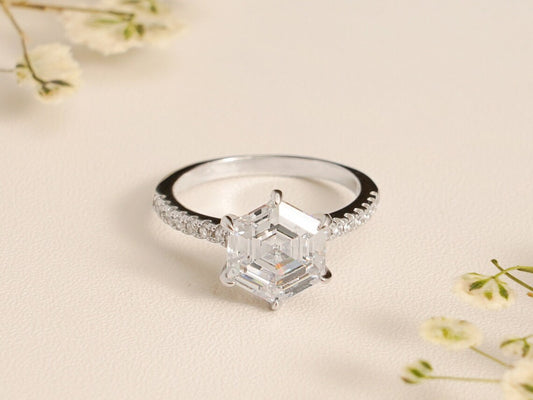 Hexagon cut moissanite ring