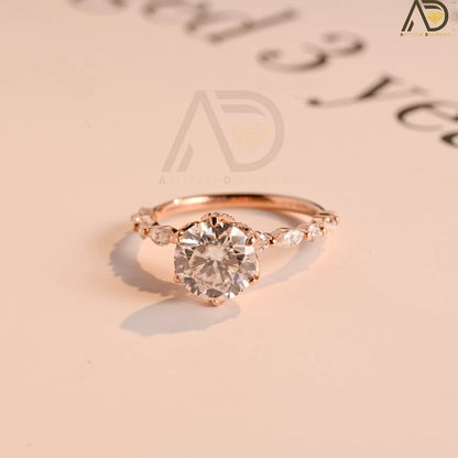 Solid Gold Moissanite Ring | 2CT Round Flower Cut | Pave Anniversary Ring

