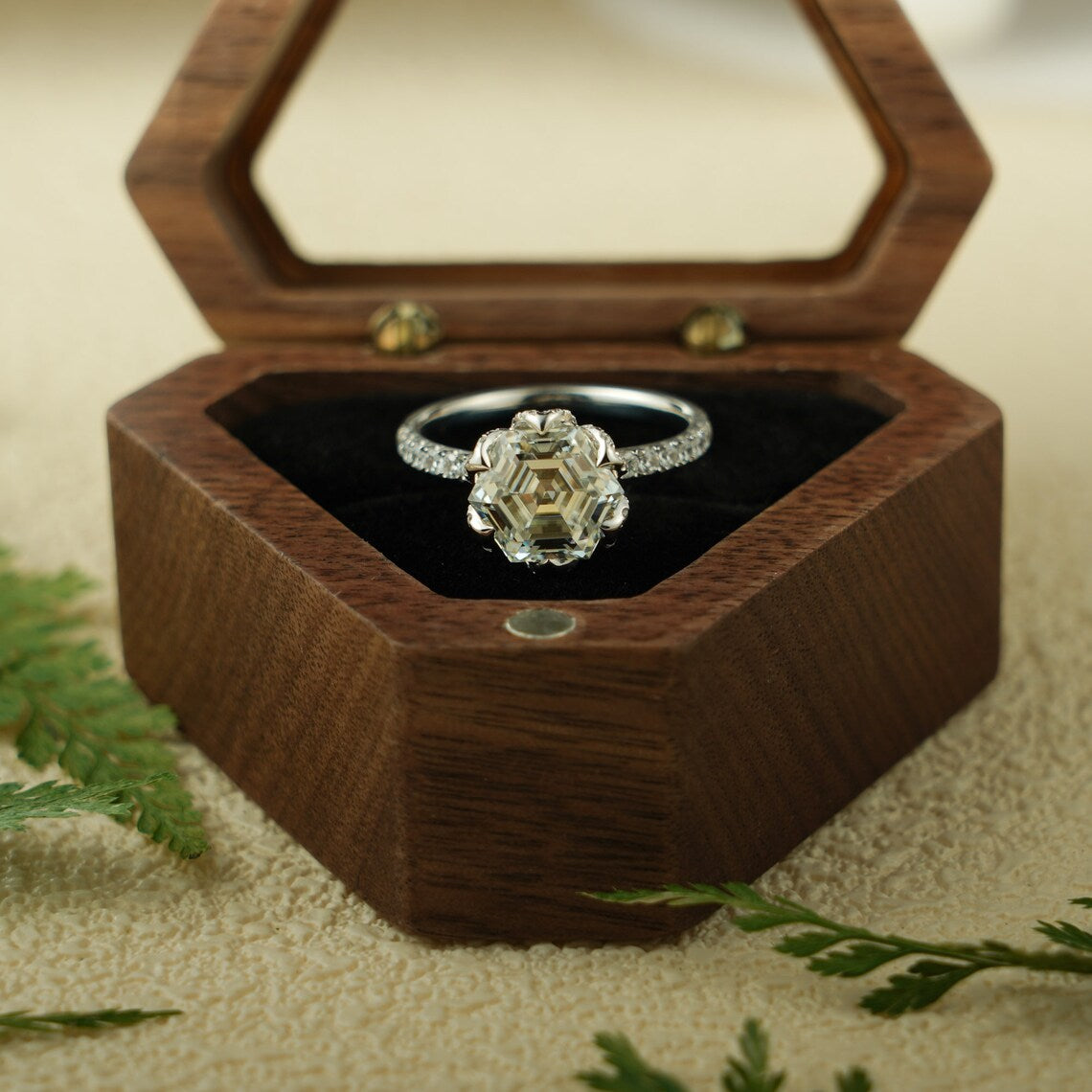 Hexagon cut moissanite ring