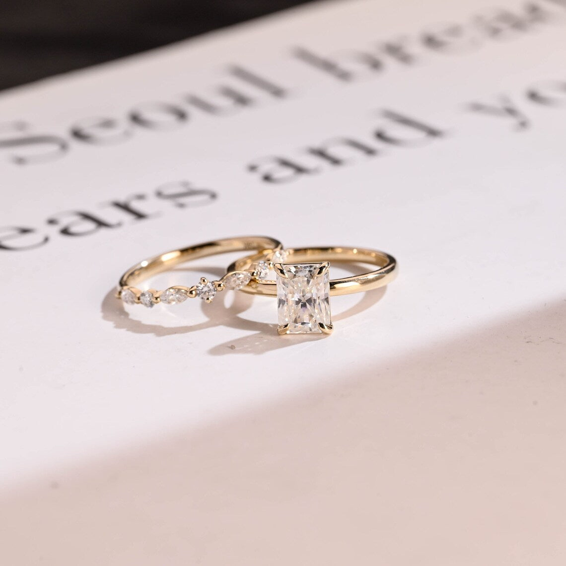 Radiant cut moissanite ring