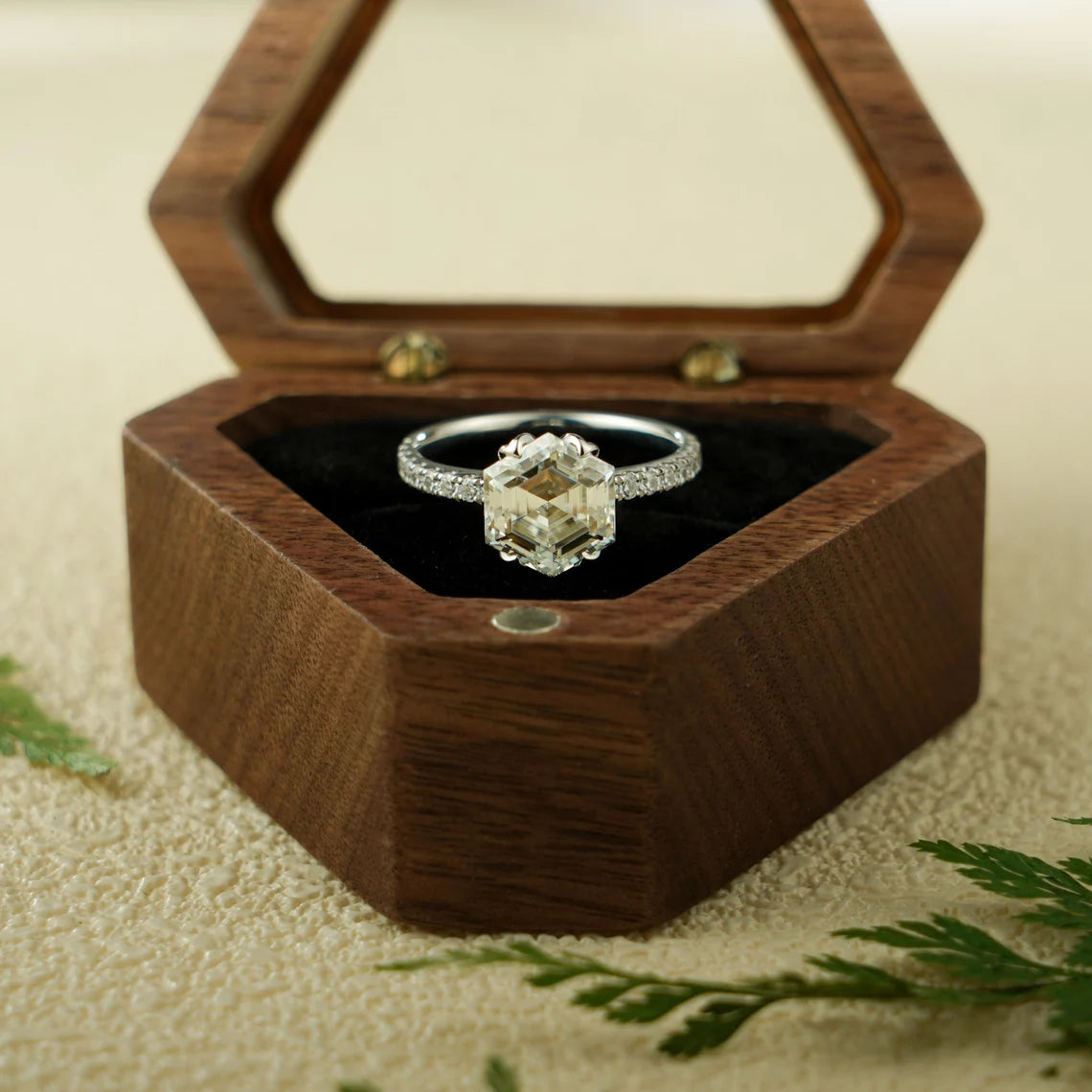 Hexagon cut moissanite ring
