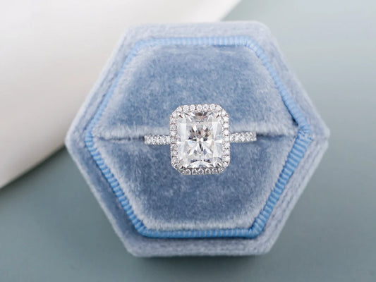radiant cut moissanite ring | white gold engagement ring | moissanite halo ring
