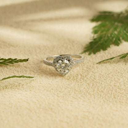 Solid Gold Moissanite Band | Heart Design Engagement | Dainty Halo Ring

