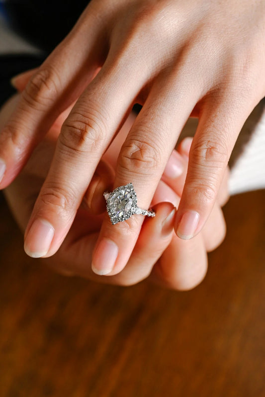oval moissanite ring | white gold engagement ring | marquise halo ring
