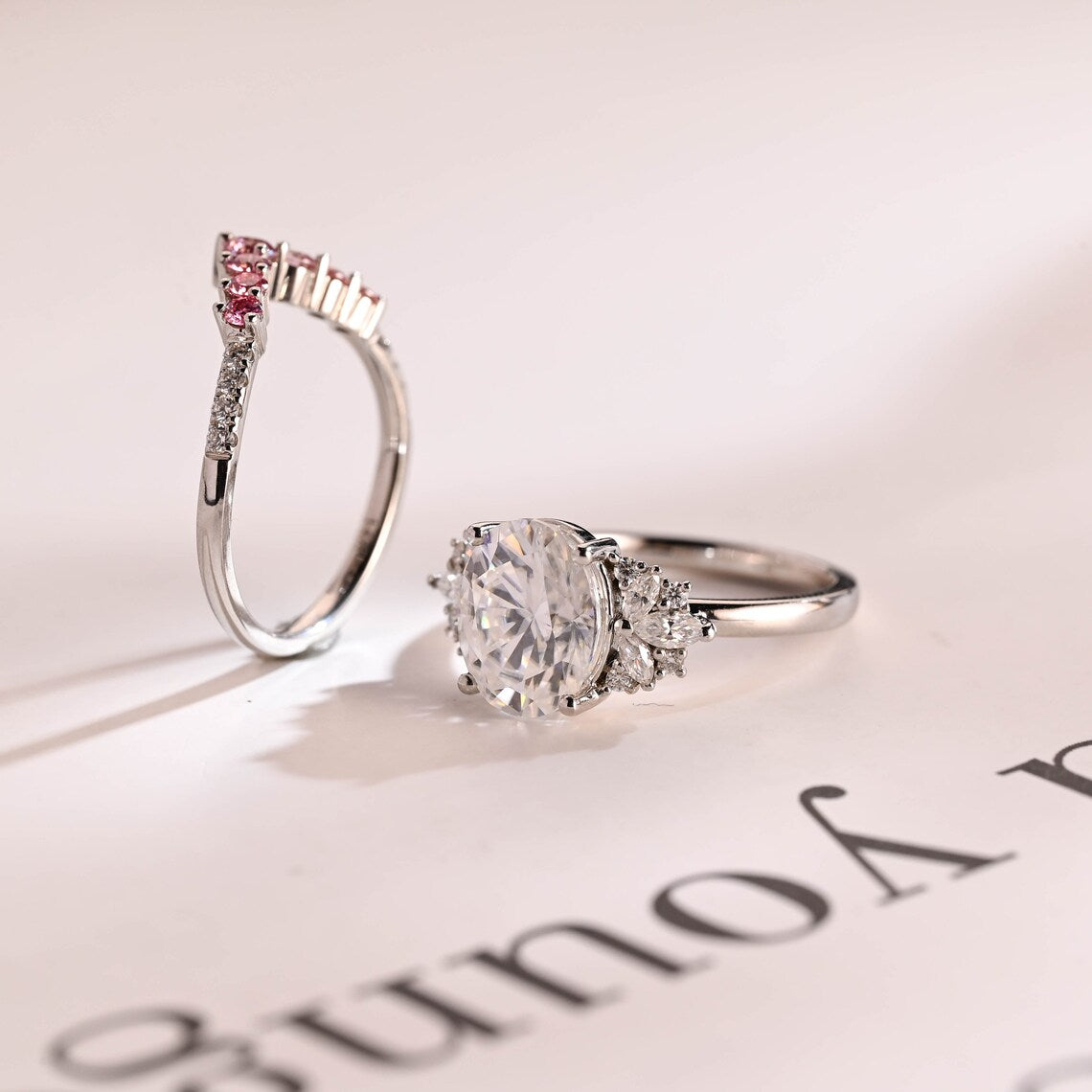 Pink stone wedding curved band