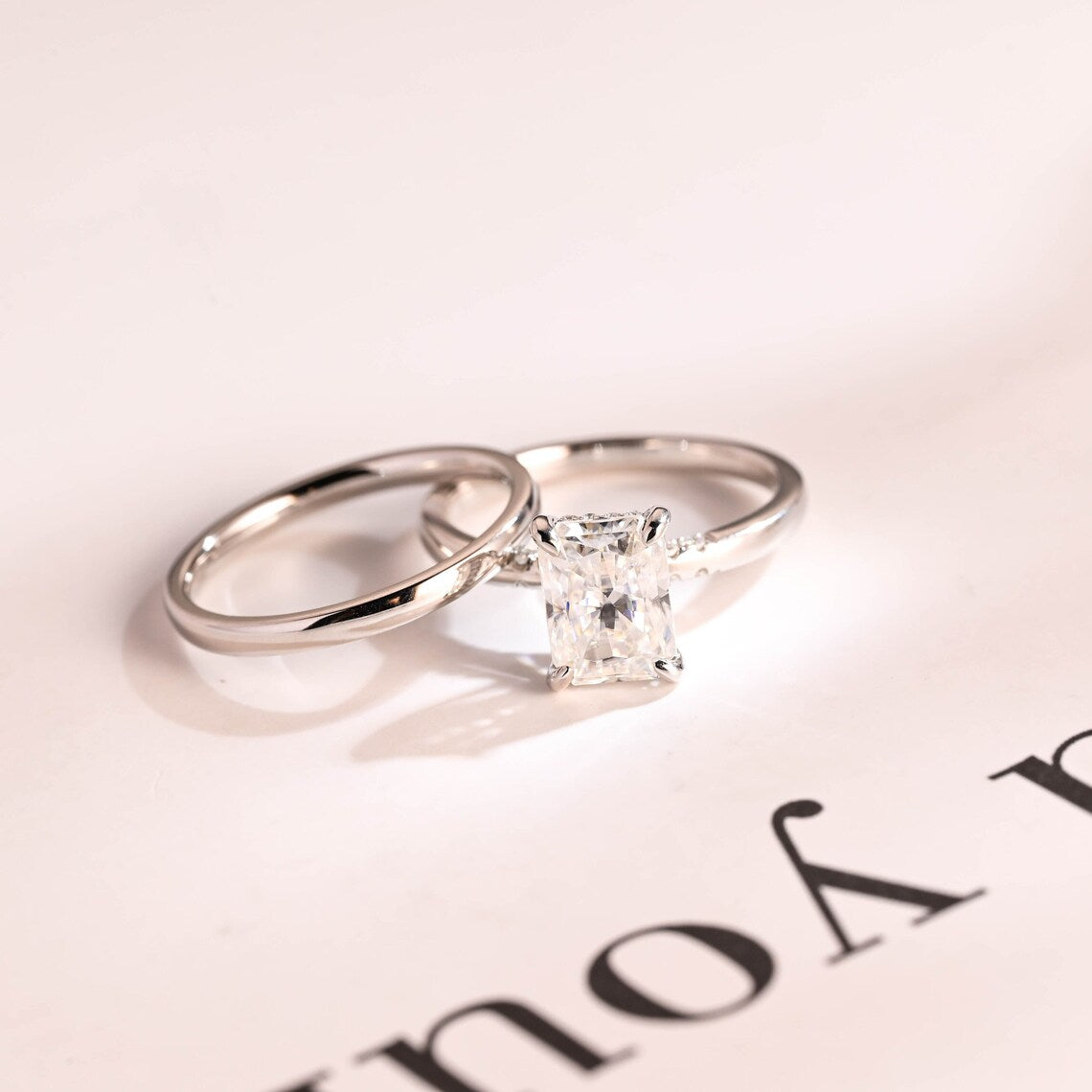 Radiant cut moissanite ring