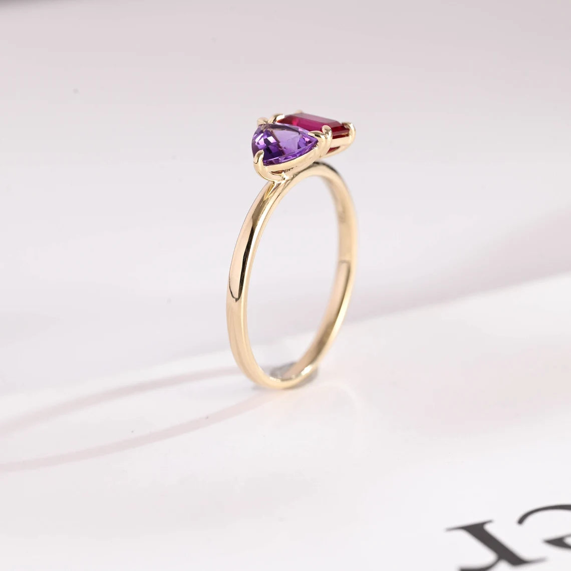 Purple trillion cut moissanite ring