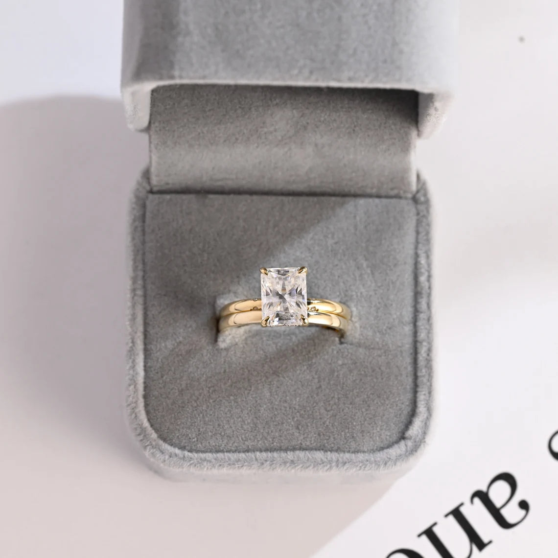 Radiant cut moissanite ring