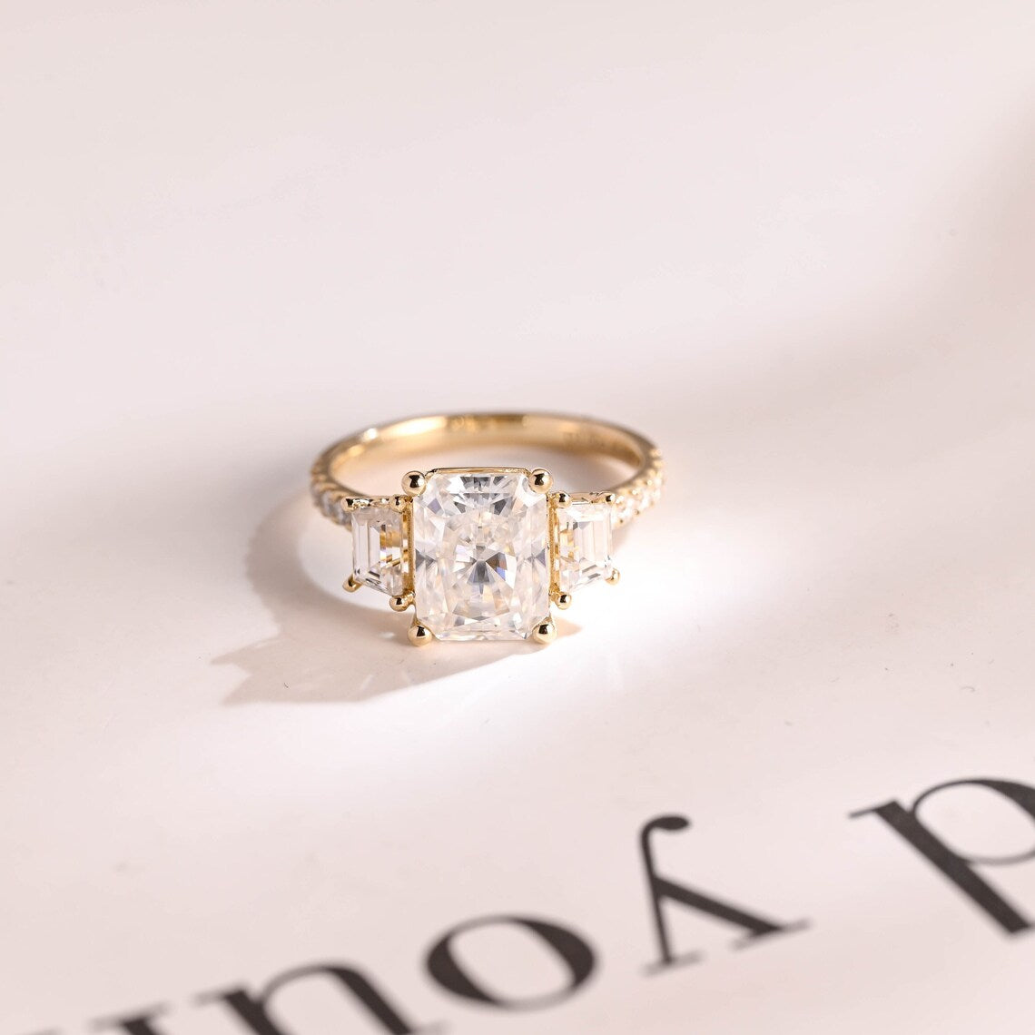 Elongated cushion moissanite ring