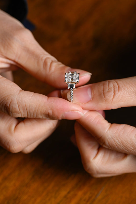 Elongated cushion moissanite ring