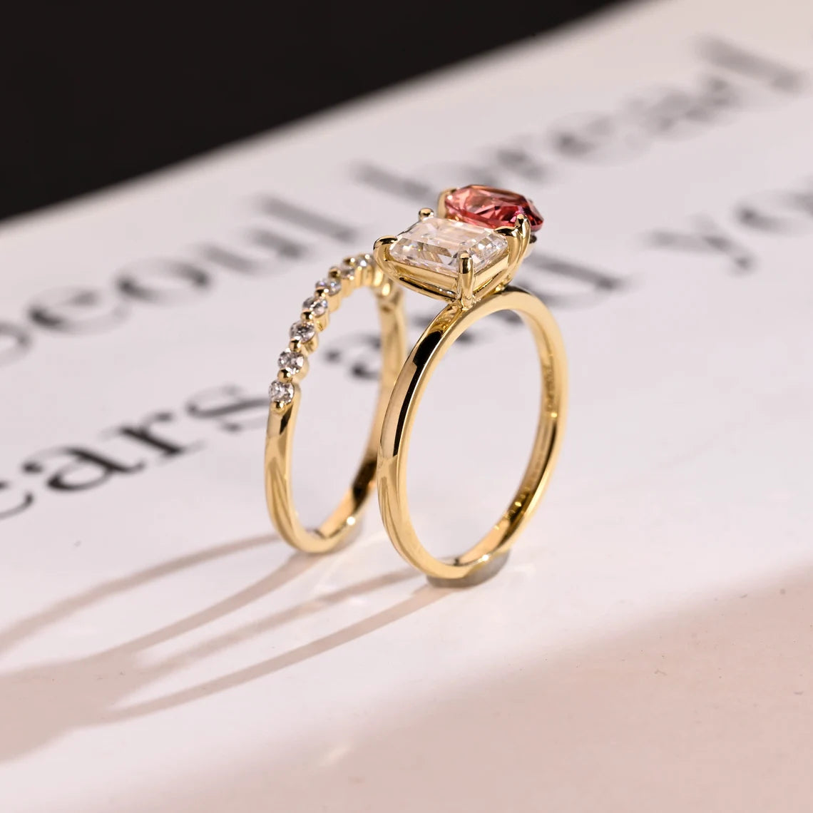 Pink pear cut moissanite ring