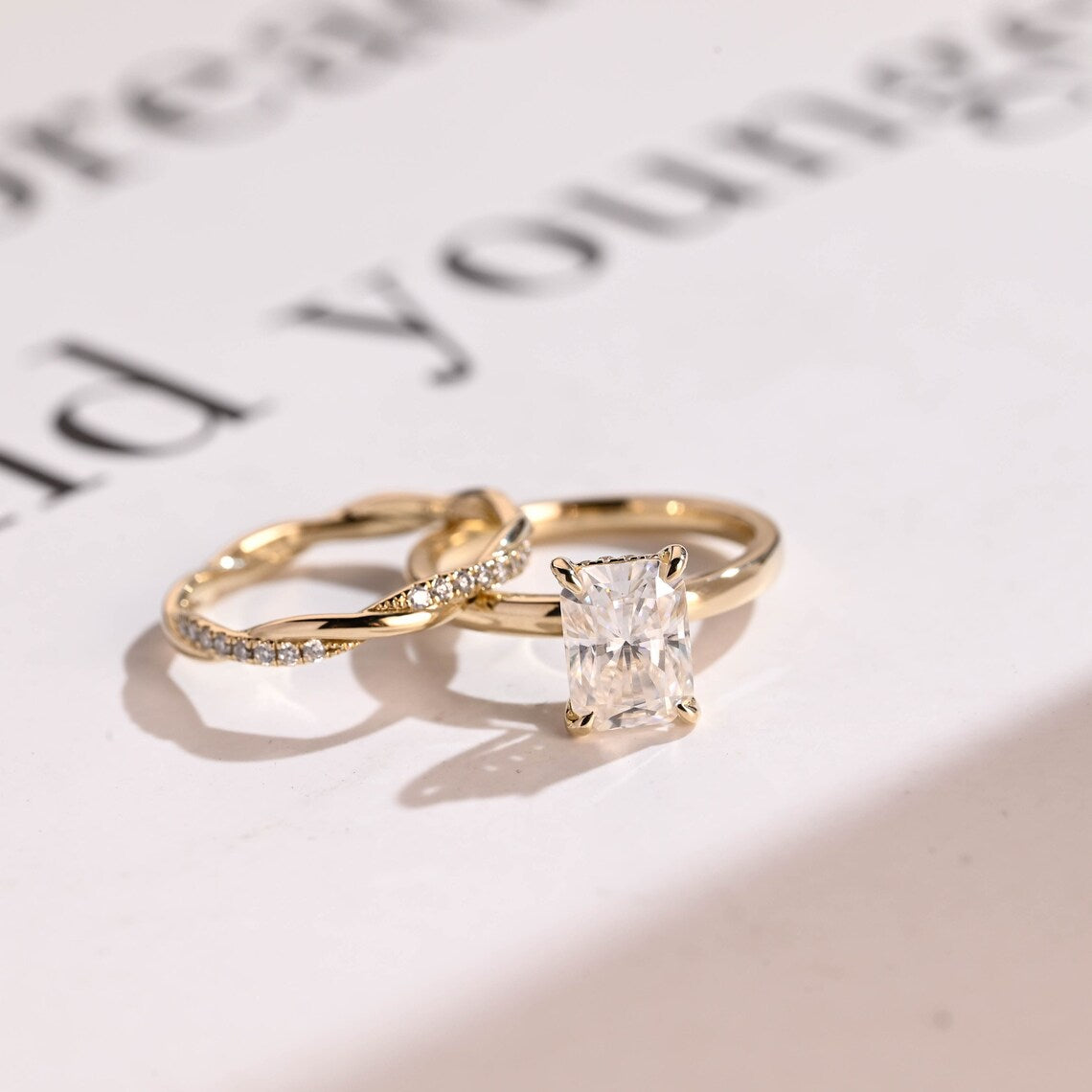 Radiant cut moissanite ring