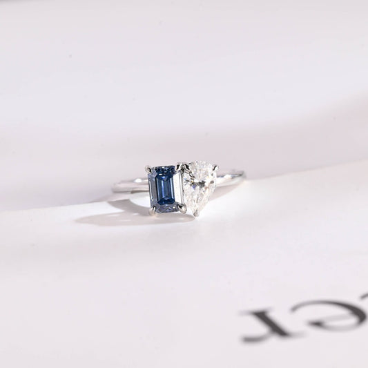 Blue emerald cut moissanite ring