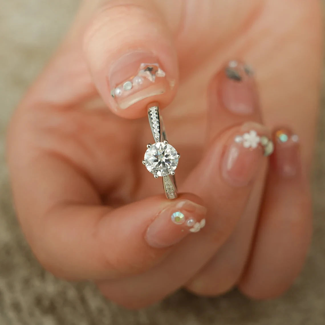 Solid Gold Six Prong Ring | Half Pave Design | Sparkling Love


