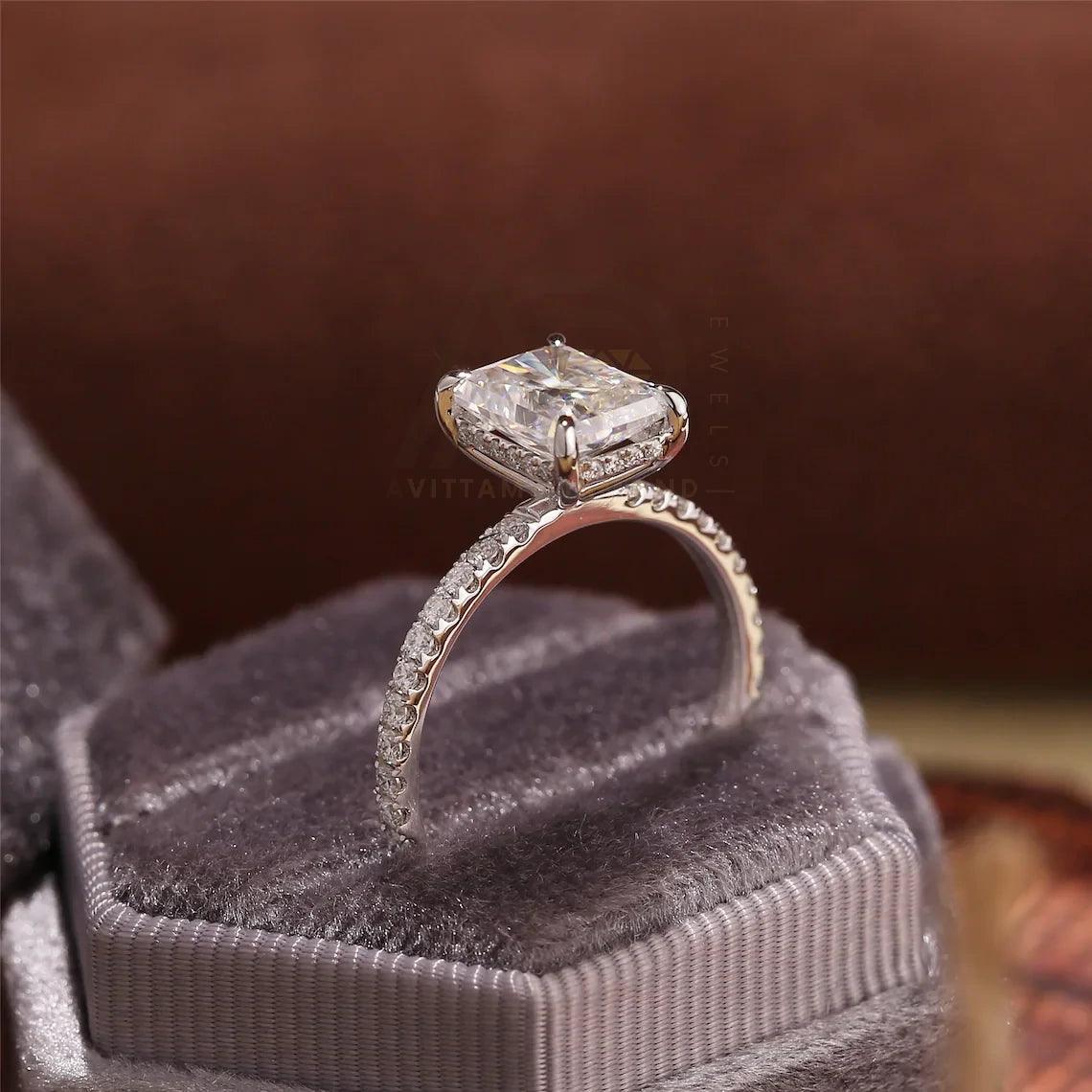 Solid Gold Radiant Moissanite Engagement Ring, Pave Set Hidden-Halo Radiant Wedding Ring, Anniversary Gift for Wife, Rectangle Gold Ring, Women's Moissanite Ring, Customizable Fine Jewelry, Luxurious Symbol of Love, Timeless Elegance, Romantic Anniversary Jewelry