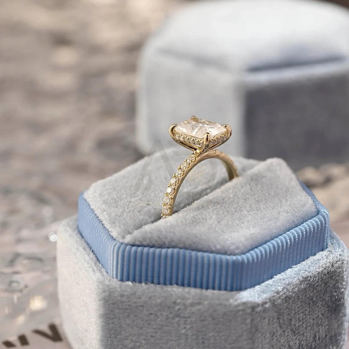 Pave Set Radiant Moissanite Engagement Ring, Solid Gold Hidden-Halo Moissanite Wedding Ring, Moissanite Rectangle Engagement Ring Gifts, Women's Moissanite Ring, Customizable Fine Jewelry, Unique Engagement Ring, Luxurious Symbol of Love, Timeless Elegance, Romantic Engagement Jewelry