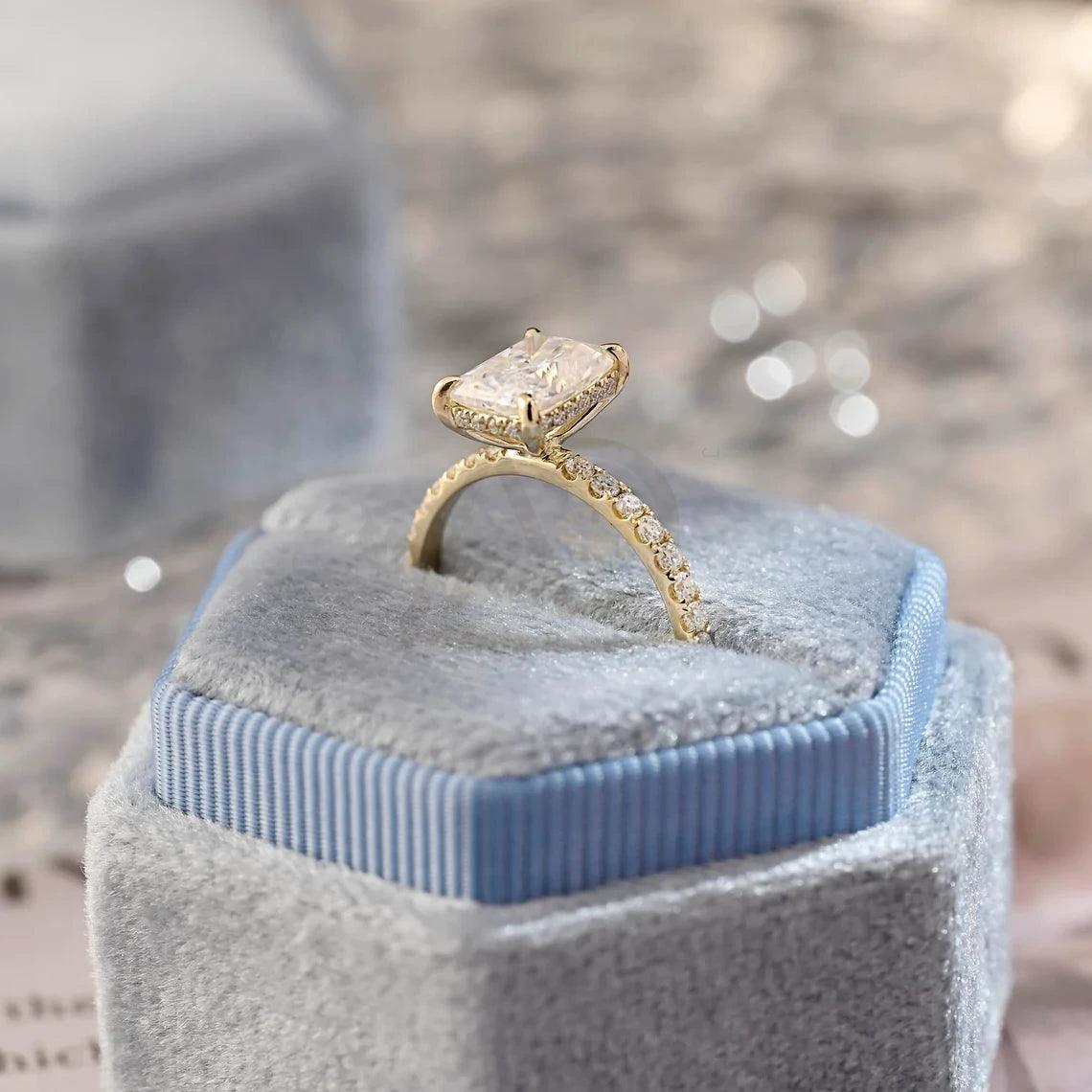 Pave Set Radiant Moissanite Engagement Ring, Solid Gold Hidden-Halo Moissanite Wedding Ring, Moissanite Rectangle Engagement Ring Gifts, Women's Moissanite Ring, Customizable Fine Jewelry, Unique Engagement Ring, Luxurious Symbol of Love, Timeless Elegance, Romantic Engagement Jewelry