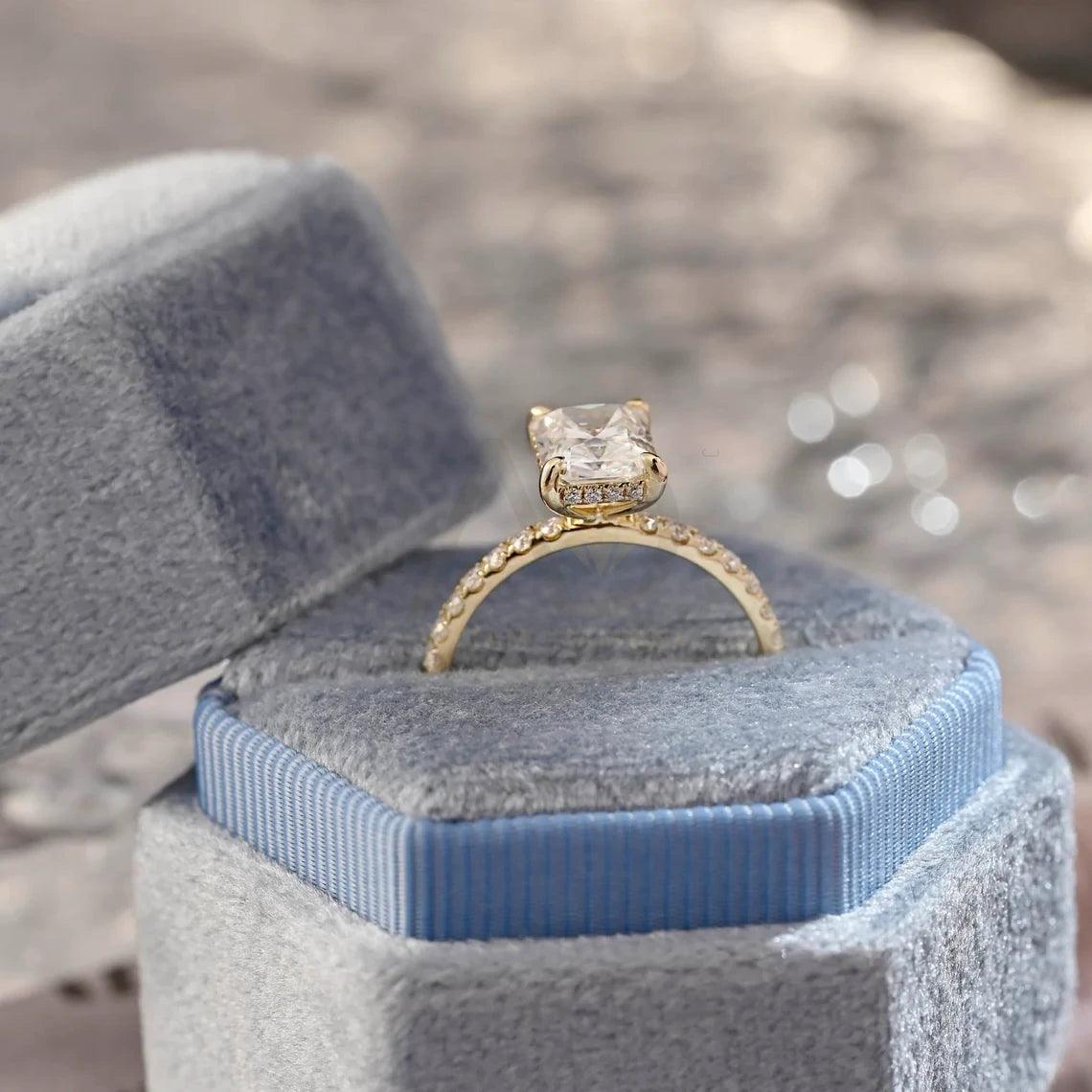 Pave Set Radiant Moissanite Engagement Ring, Solid Gold Hidden-Halo Moissanite Wedding Ring, Moissanite Rectangle Engagement Ring Gifts, Women's Moissanite Ring, Customizable Fine Jewelry, Unique Engagement Ring, Luxurious Symbol of Love, Timeless Elegance, Romantic Engagement Jewelry