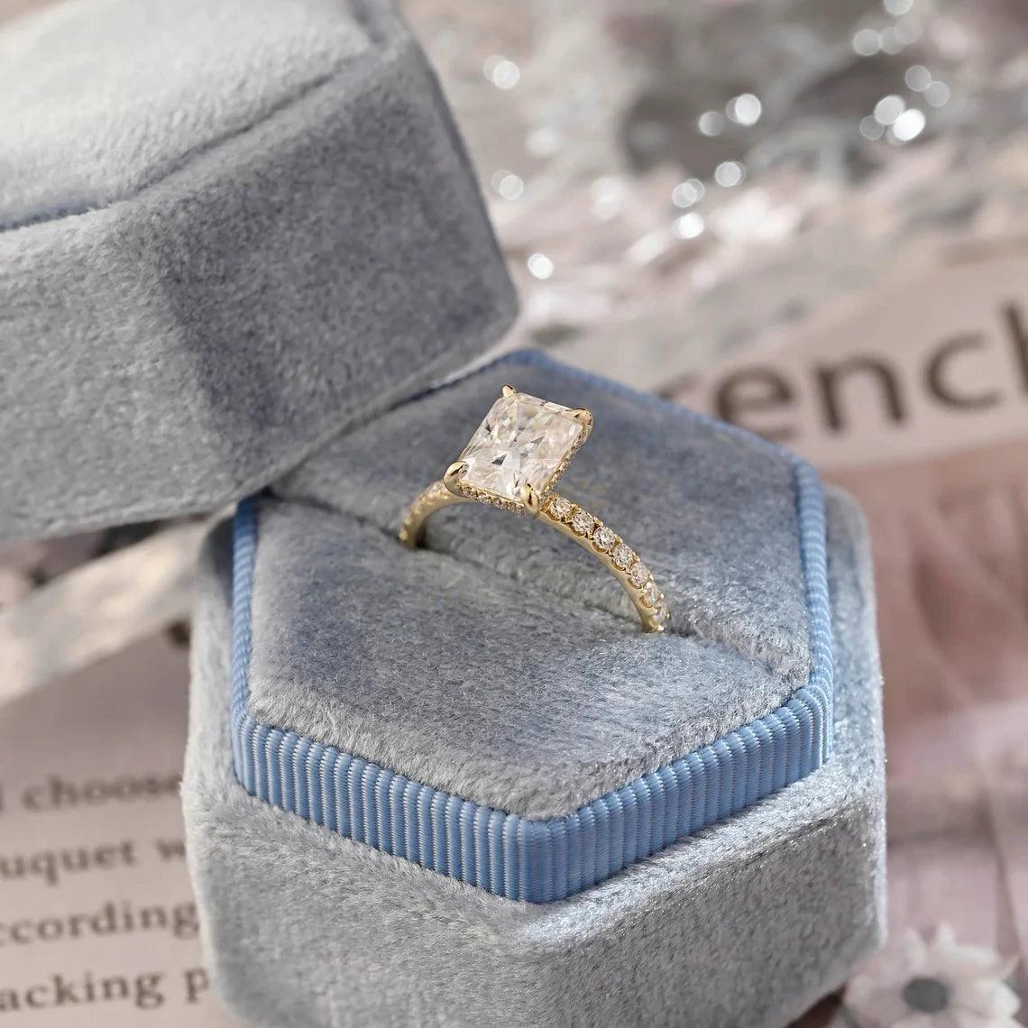 Pave Set Radiant Moissanite Engagement Ring, Solid Gold Hidden-Halo Moissanite Wedding Ring, Moissanite Rectangle Engagement Ring Gifts, Women's Moissanite Ring, Customizable Fine Jewelry, Unique Engagement Ring, Luxurious Symbol of Love, Timeless Elegance, Romantic Engagement Jewelry