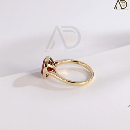 Elegant Solid Gold Cushion Cut Ruby Engagement Ring with Bezel, Classic Vintage Style, Ideal Promise Ring for July Birthstone