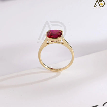 Elegant Solid Gold Cushion Cut Ruby Engagement Ring with Bezel, Classic Vintage Style, Ideal Promise Ring for July Birthstone