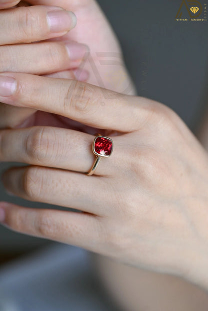 Elegant Solid Gold Cushion Cut Ruby Engagement Ring with Bezel, Classic Vintage Style, Ideal Promise Ring for July Birthstone