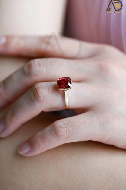 Elegant Solid Gold Cushion Cut Ruby Engagement Ring with Bezel, Classic Vintage Style, Ideal Promise Ring for July Birthstone