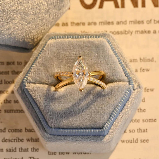 Moissanite engagement ring Split shank ring Marquise cut Pave setting Solid gold ring Horse eye shape Wedding ring Anniversary gift 10K gold 14K gold 18K gold Unique engagement ring