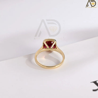 Elegant Solid Gold Cushion Cut Ruby Engagement Ring with Bezel, Classic Vintage Style, Ideal Promise Ring for July Birthstone