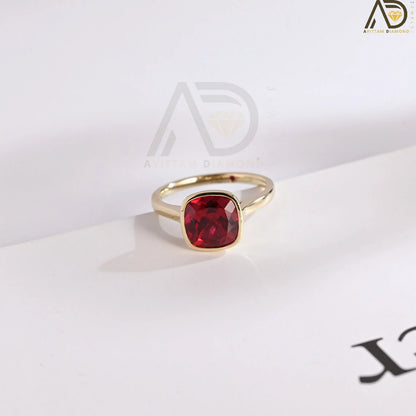 Elegant Solid Gold Cushion Cut Ruby Engagement Ring with Bezel, Classic Vintage Style, Ideal Promise Ring for July Birthstone