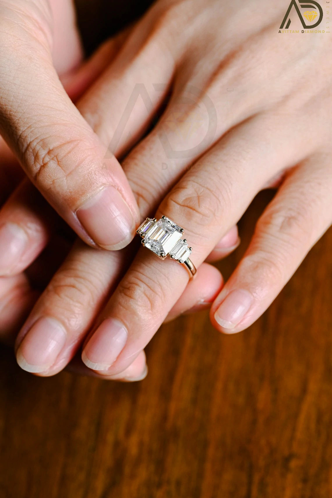 Modern Moissanite Engagement | Beautiful Solid Gold Ring | Emerald Cut Moissanite Gift