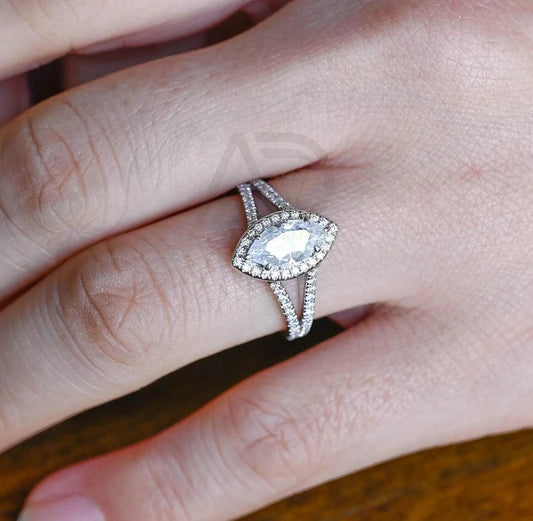 Split shank marquise cut moissanite engagement ring, Halo pave real solid gold vintage promise ring, Marquise cut moissanite wedding ring, Vintage promise ring, Split shank engagement ring, Halo pave moissanite ring, Solid gold wedding band.