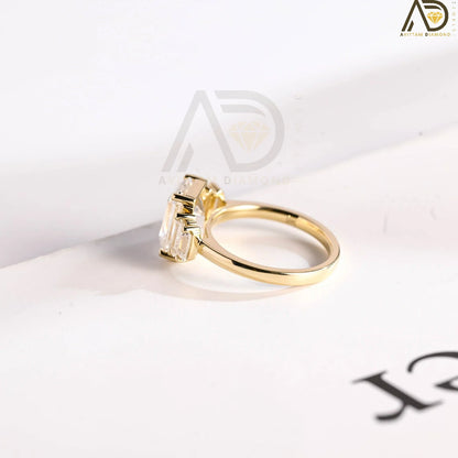 Unique Promise Ring Design | Emerald & Baguette Band | Moissanite Birthday Gift