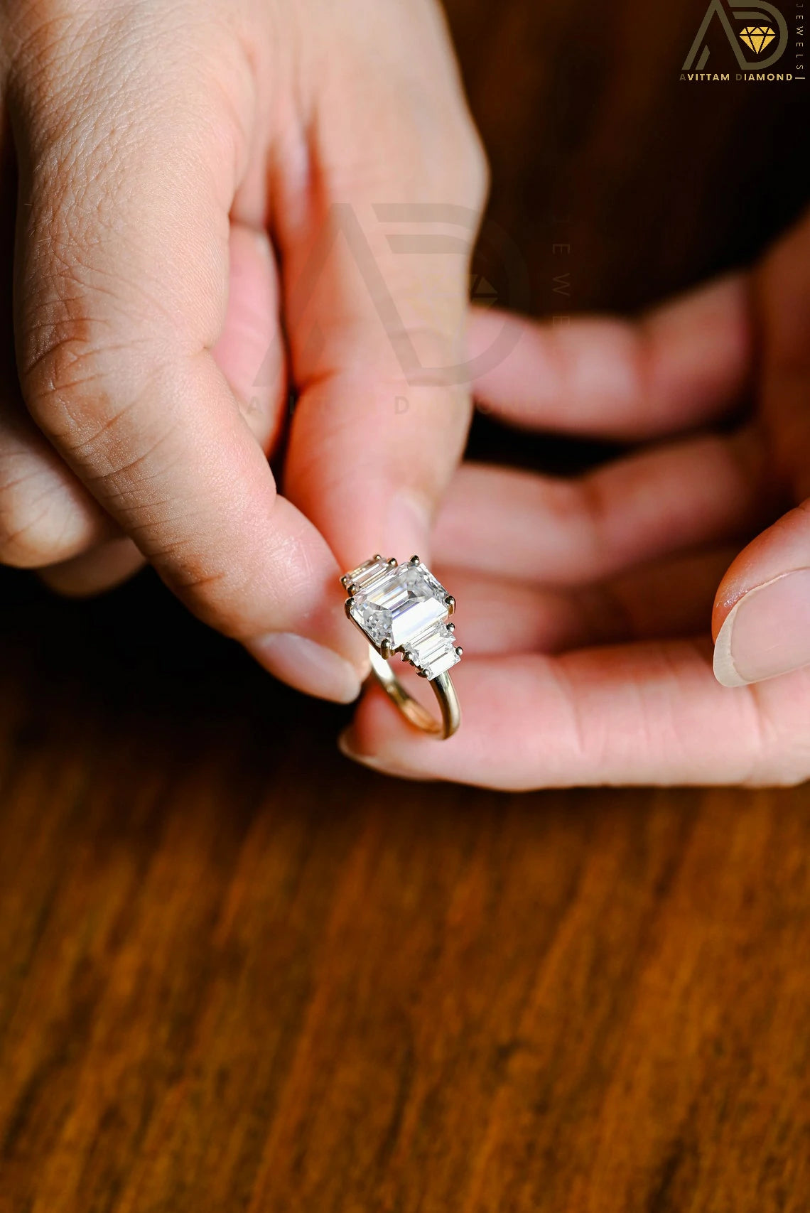 Baguette Cut Moissanite Gift | Unique Solid Gold Ring Design | Dazzling Emerald Cut Jewelry