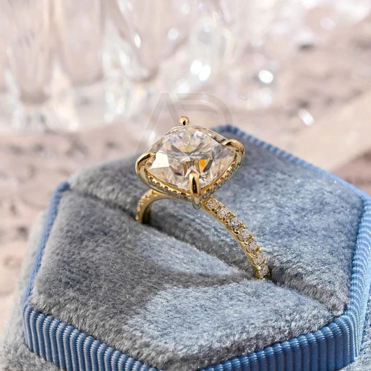 Cushion Cut Moissanite Engagement Ring, Hidden Halo Moissanite Ring, Solid Gold Wedding Ring, Half Pave Cushion Wedding Band, Promise Ring, Anniversary Gift, Women's Moissanite Ring, Customizable Engagement Ring, Fine Jewelry, Unique Promise Ring, Luxurious Anniversary Gift, Symbol of Love, Timeless Elegance, Romantic Jewelry