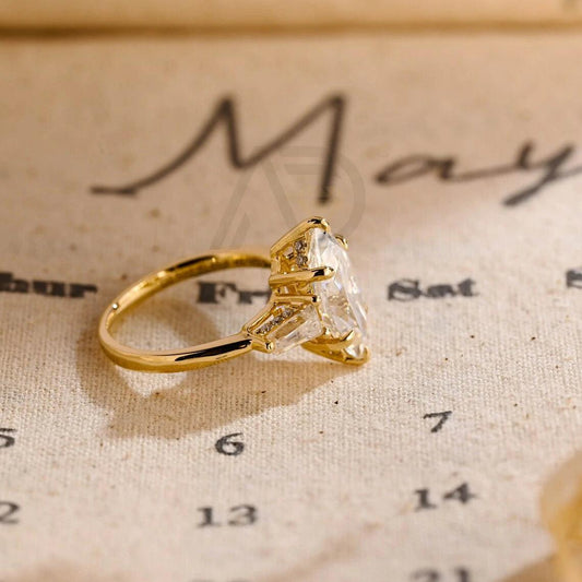 Three Stone Marquise Moissanite Engagement Ring, Hidden-Halo Marquise Wedding Ring, Low Set Cathedral Setting Solid Gold Anniversary Gifts