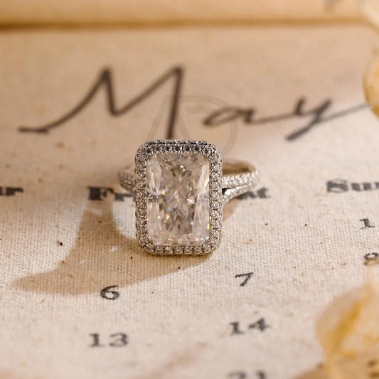 Pave Set Vintage Moissanite Engagement Ring, Radiant Moissanite Ring, Split Shank Wedding Ring, High Profile Double Halo Ring, Rectangle Wedding Band, Anniversary Gift for Wife, Women's Moissanite Ring, Customizable Fine Jewelry, Unique Anniversary Gift, Luxurious Symbol of Love, Timeless Elegance, Romantic Anniversary Jewelry