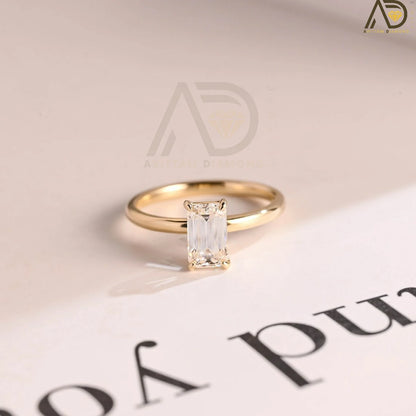 Elegant Solid Gold Elongated Emerald Cut Moissanite Engagement Ring, Ideal Proposal & Birthday Gift for Women